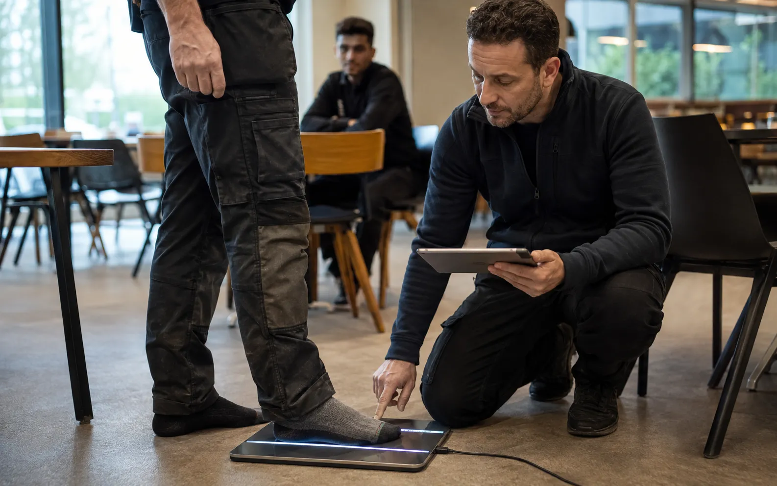 Een medewerker staat met zijn voet op een meetplaat in de bedrijfskantine; een aanmeter zit ernaast op één knie met een tablet in zijn hand.