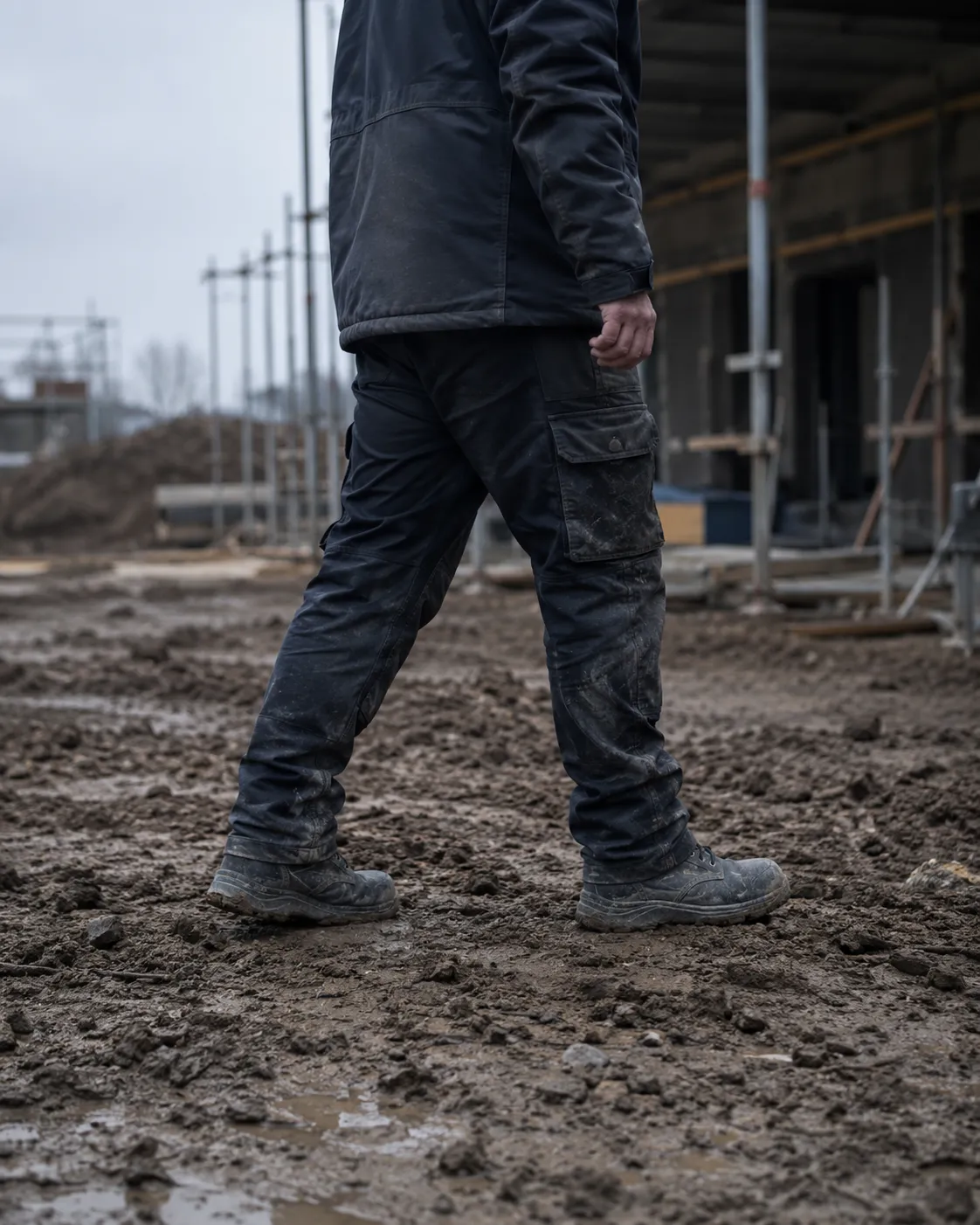 Een bouwvakker loopt over een modderige bouwplaats; zijn werkschoenen staan op de ongelijke ondergrond.